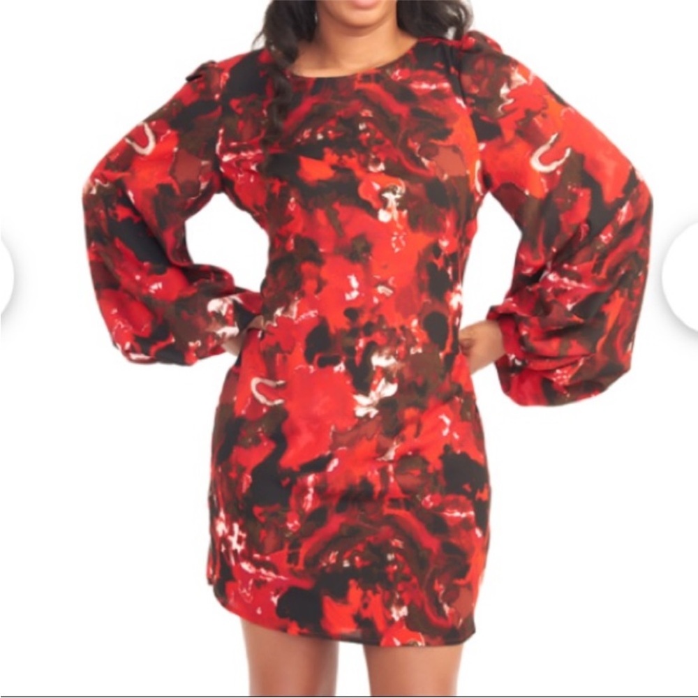 Vivienne Tam Modern Craft Black and Red Abstract Pattern Long Sleeve Mini Dress